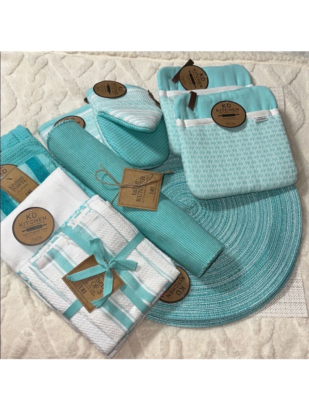 Set of Six Teal Ombre Round Weave Placemats, Table Runner, Mitts, Towels ++++